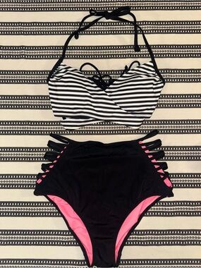 PINK Victoria's Secret Black & White Striped Halter & Strappy Bikini Bottom, L